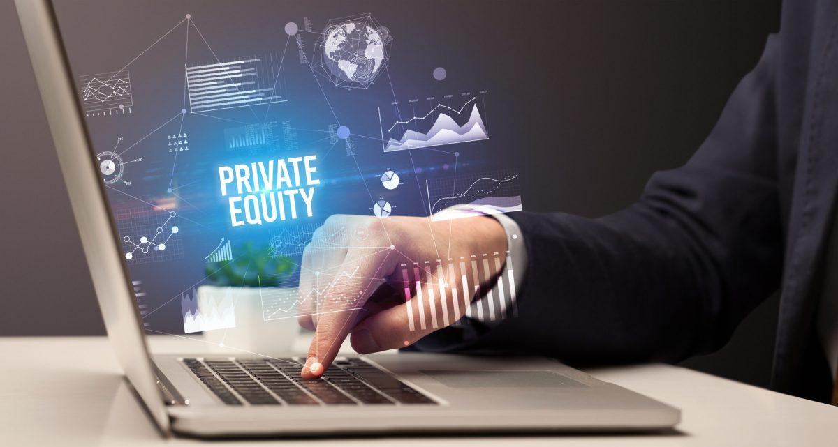 Businessman working on laptop with PRIVATE EQUITY inscription, new business concept